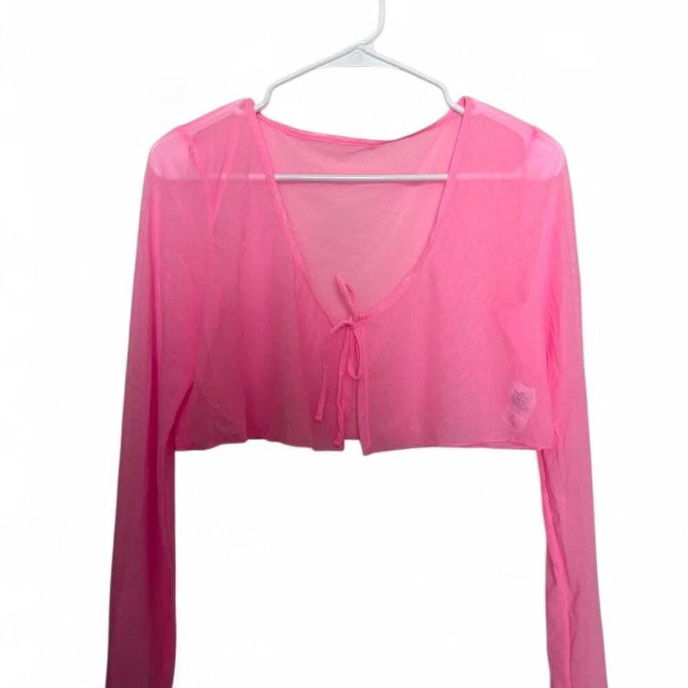 Wild Fable Barbie Pink Sheer Mesh Full Sleeve Cover Up with Tie in the Middle